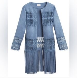 Chico's Faux Suede Blue Fringe Lace Open Cardigan Boho Hippy Cowgirl Sz 1 Medium